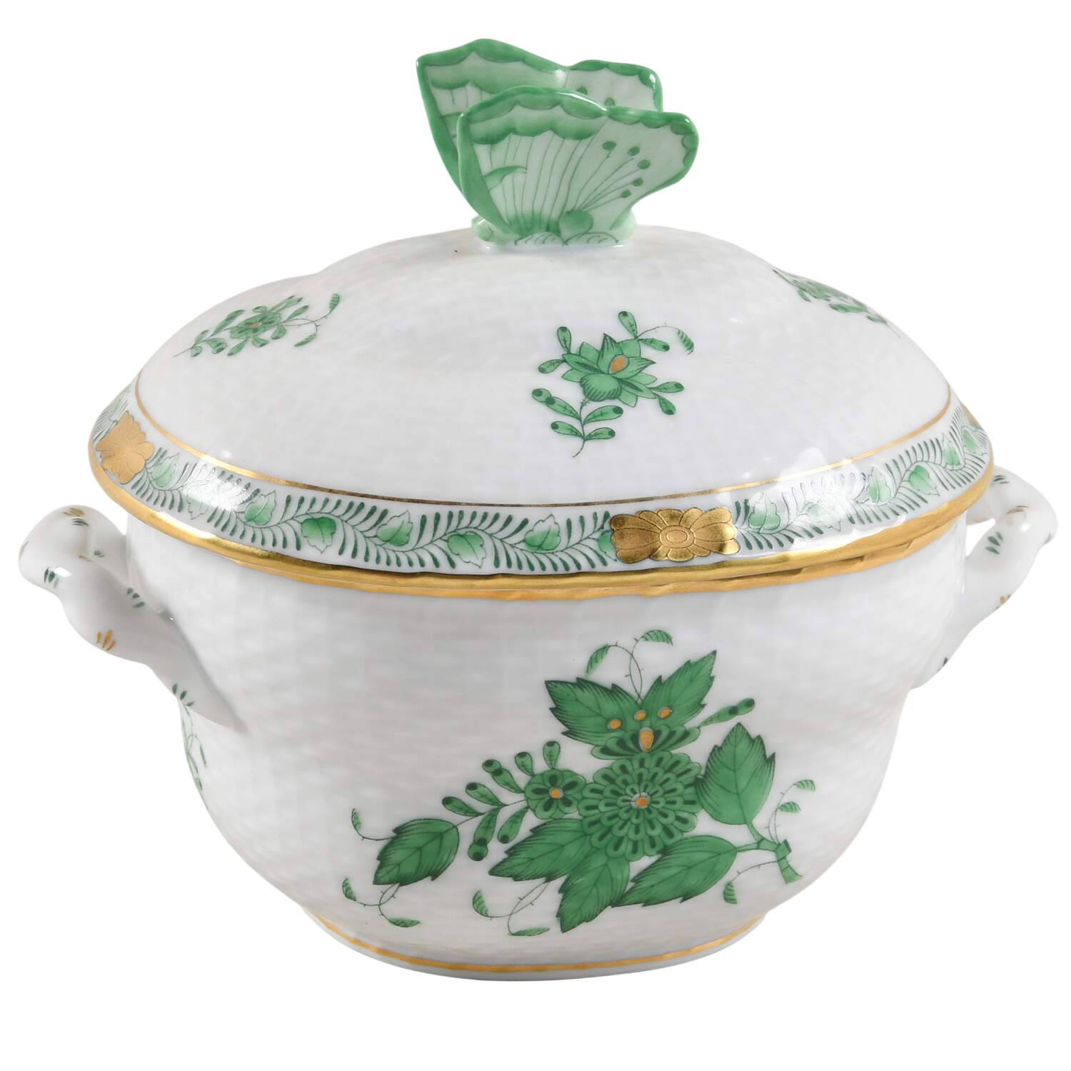Chinese Bouquet Green (AV) 4" Oval Bon Bon & Lid by Herend-1