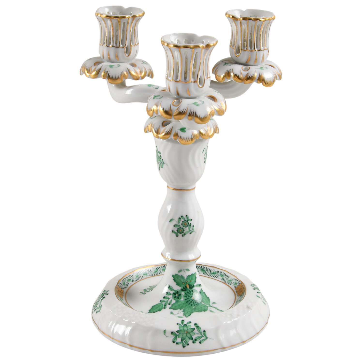 Chinese Bouquet Green (AV) 9" 3 Light Candlestick W/Wire Hole by Herend-1