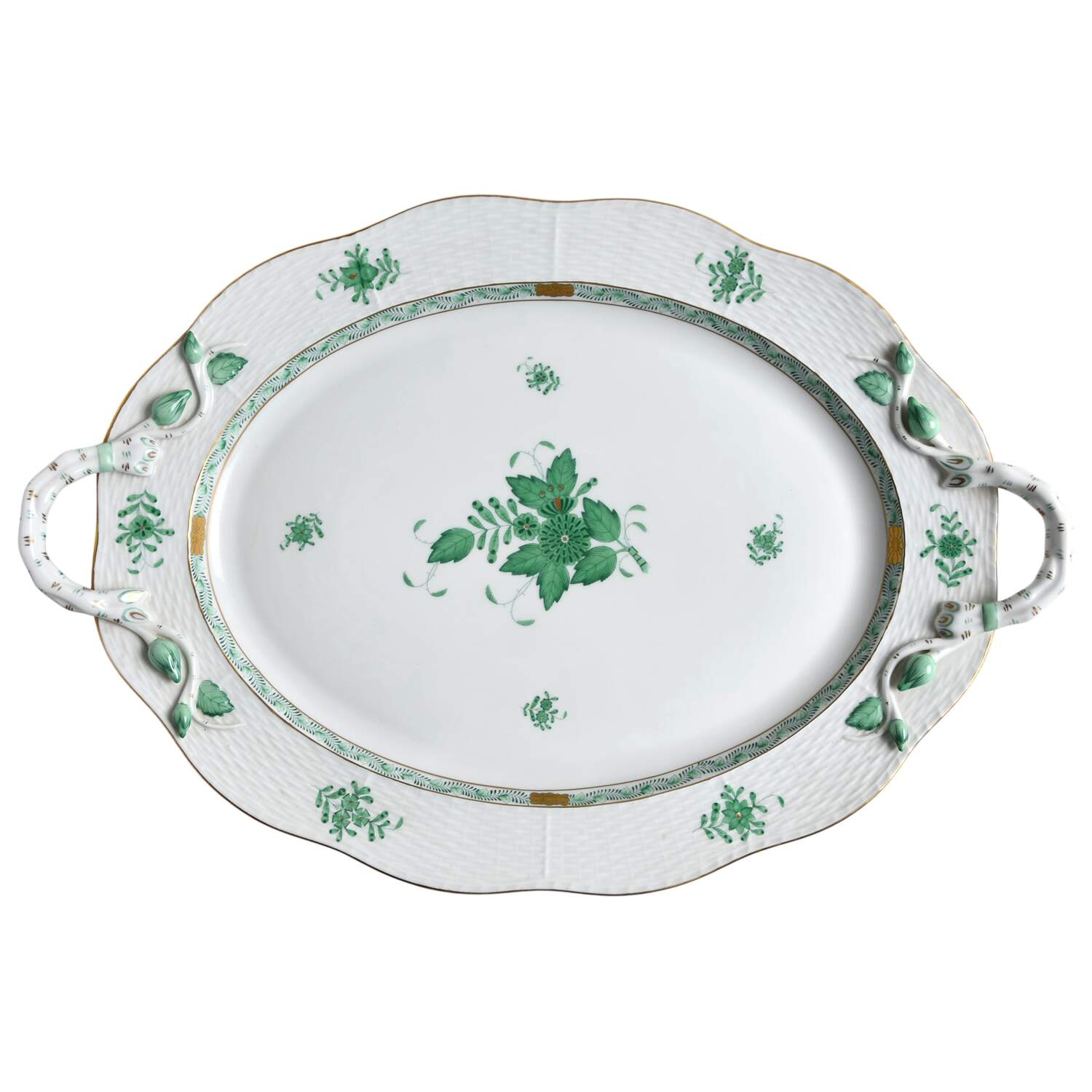 Chinese Bouquet Green (AV) 18" Oval Handled Platter by Herend-1