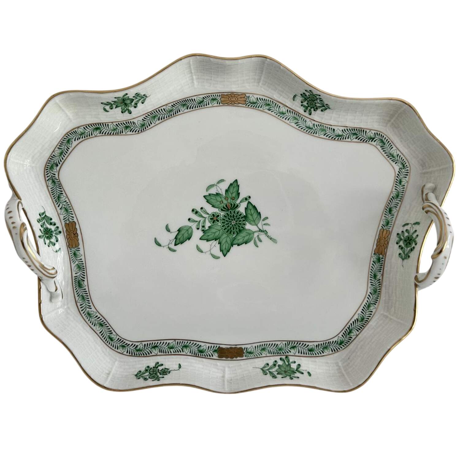 Chinese Bouquet Green (AV) 11" Handled Oblong Tray by Herend-1