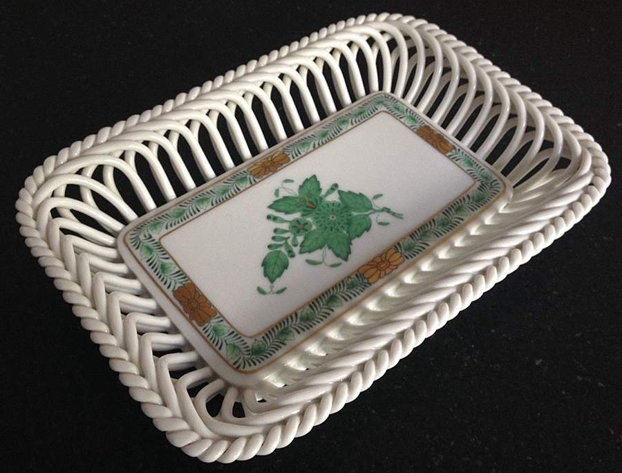 Chinese Bouquet Green (AV) 6" Rectangular Open Weave Basket by Herend-1