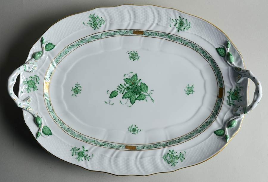 Chinese Bouquet Green (AV) 15" Oval Handled Platter by Herend-1