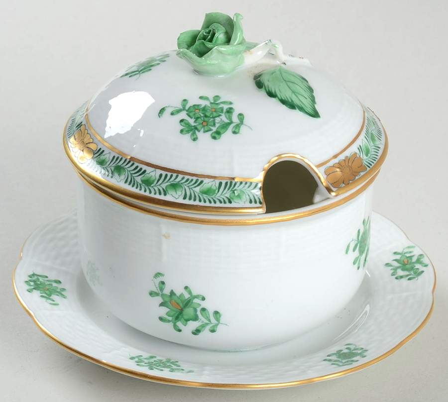Chinese Bouquet Green (AV) Jam/Jelly & Lid w/Attached Underplate by Herend-1