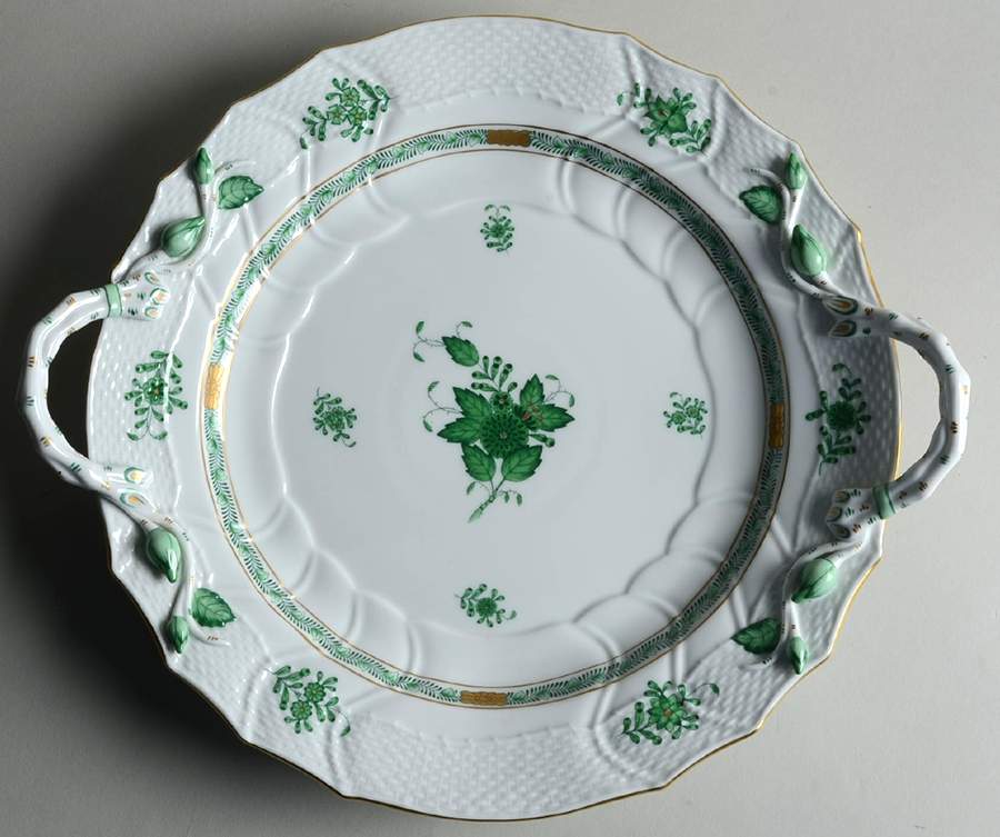 Chinese Bouquet Green (AV) 14" Handled Chop Plate (Round Platter) by Herend-1