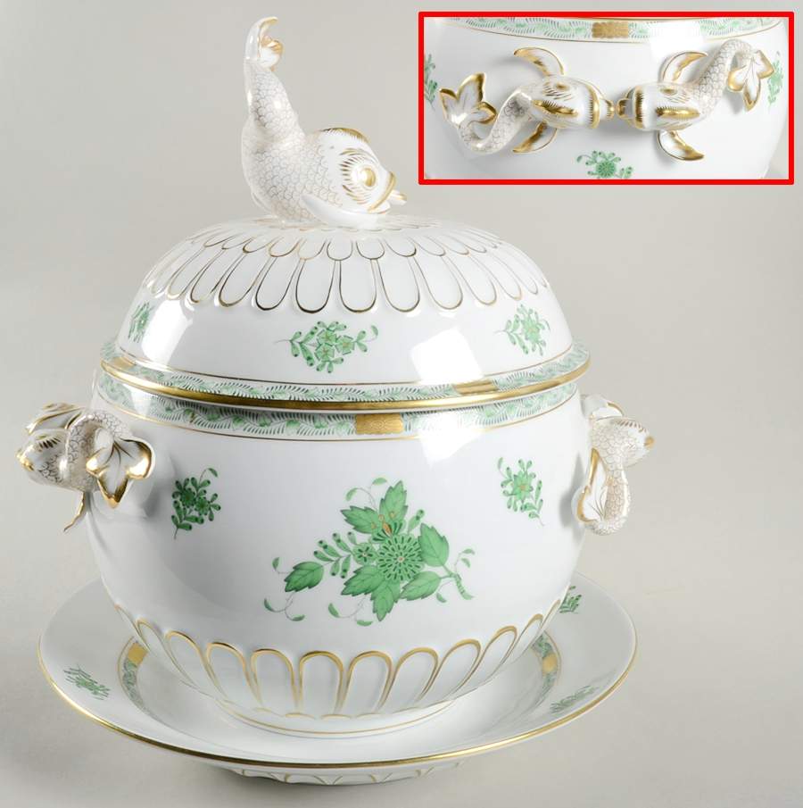 Chinese Bouquet Green (AV) 4 Qt Dolphin Tureen w/Lid & Underplate by Herend-1