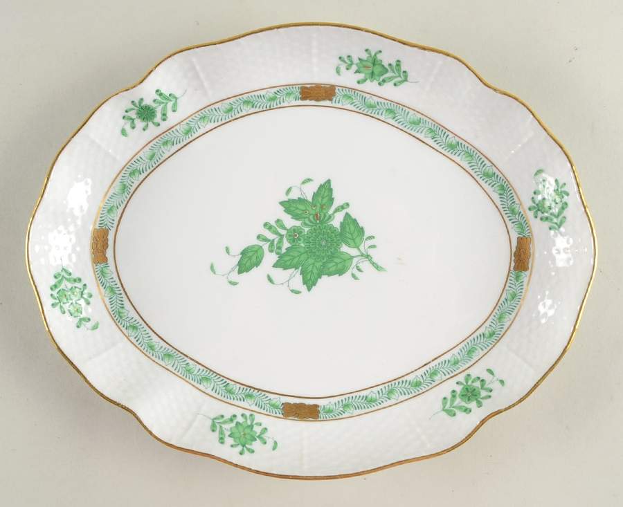 Chinese Bouquet Green (AV) 10" Oval Serving Platter by Herend-1