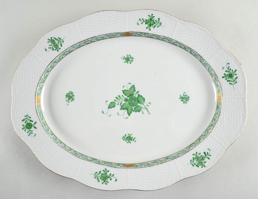 Chinese Bouquet Green (AV) 16" Oval Serving Platter by Herend-1