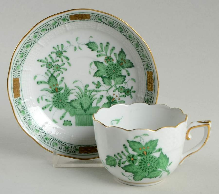 Chinese Bouquet Green (AV) Footed Demitasse Cup & Saucer Set by Herend-1