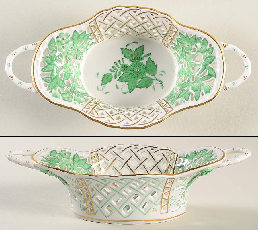 Chinese Bouquet Green (AV) 7" Handled Oval Open Weave Basket by Herend-1