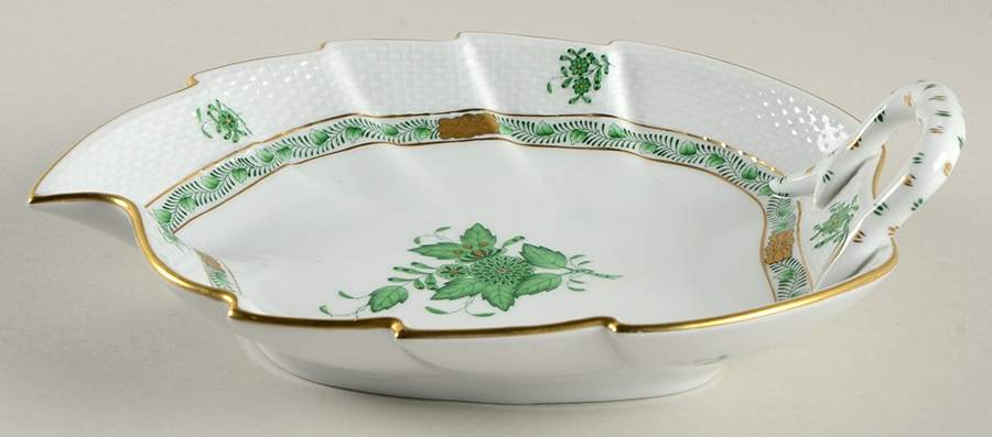 Chinese Bouquet Green (AV) 9" Handled Leaf Dish by Herend-1