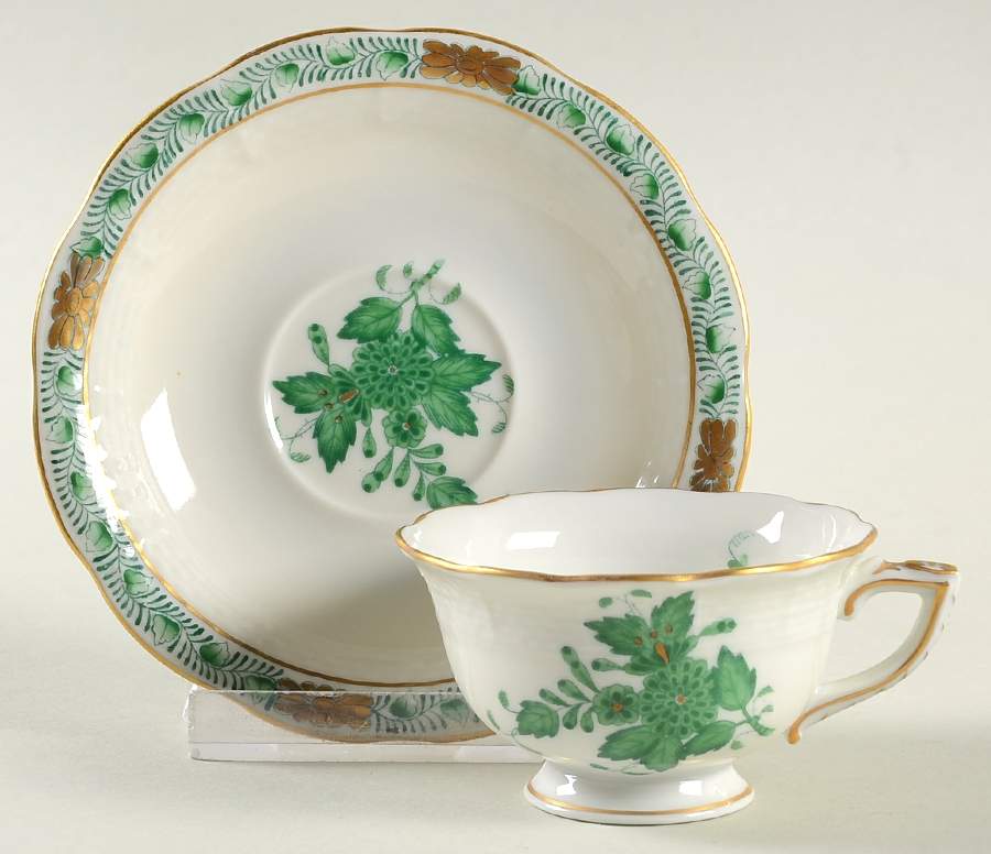 Chinese Bouquet Green (AV) Footed Demitasse Cup & Saucer Set by Herend-1