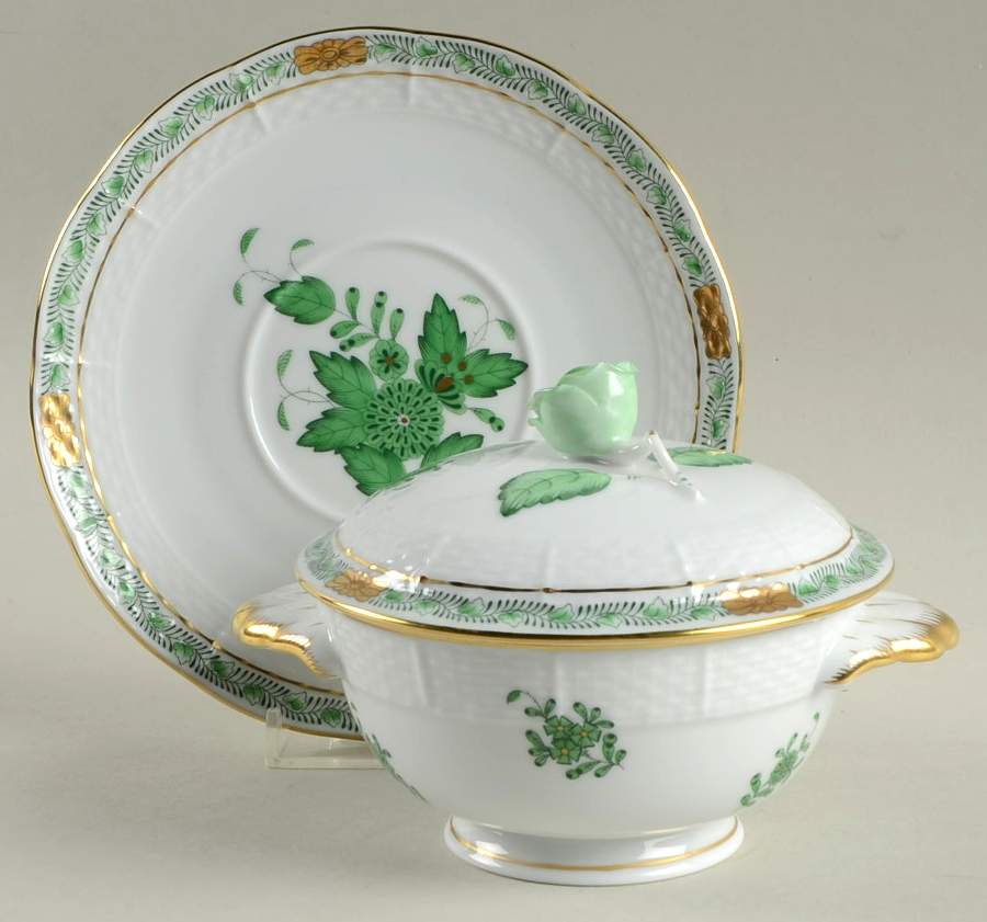 Chinese Bouquet Green (AV) Footed Bouillon Cup and Saucer with Lid by Herend-1