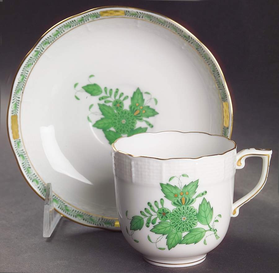 Chinese Bouquet Green (AV) Chocolate Cup & Saucer Set by Herend-1