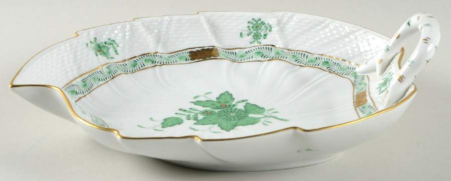 Chinese Bouquet Green (AV) 9" Handled Leaf Dish by Herend-1