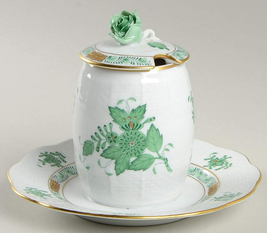 Chinese Bouquet Green (AV) Jam/Jelly & Lid w/Attached Underplate by Herend-1