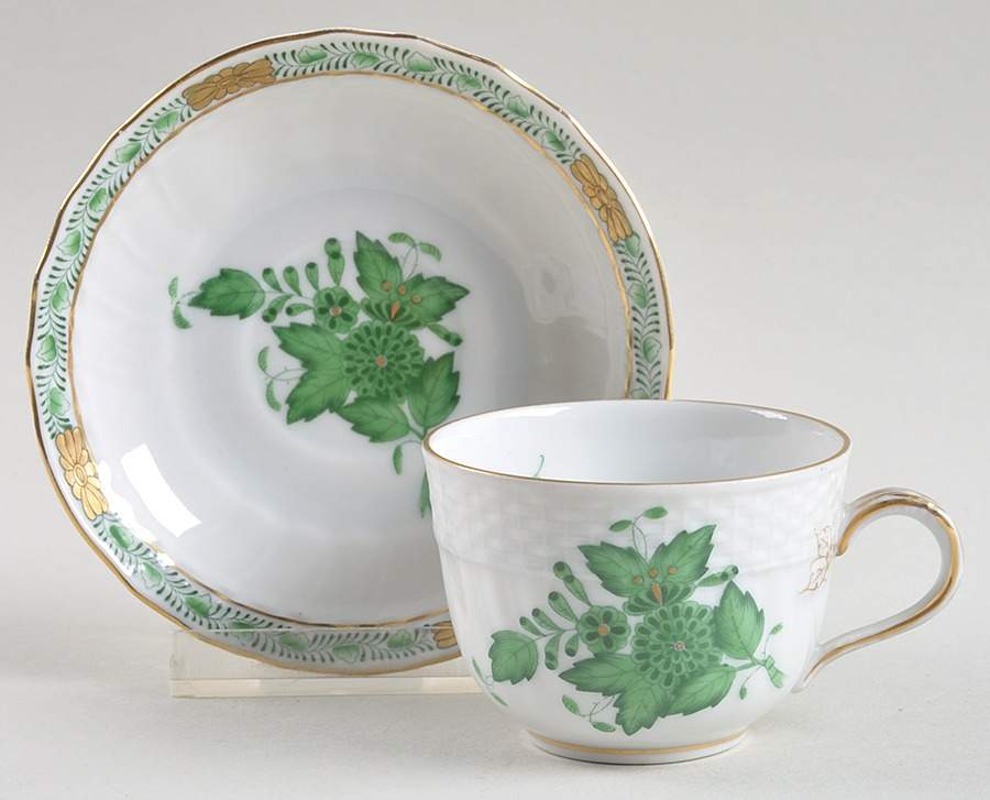 Chinese Bouquet Green (AV) Flat Demitasse Cup & Saucer Set by Herend-1