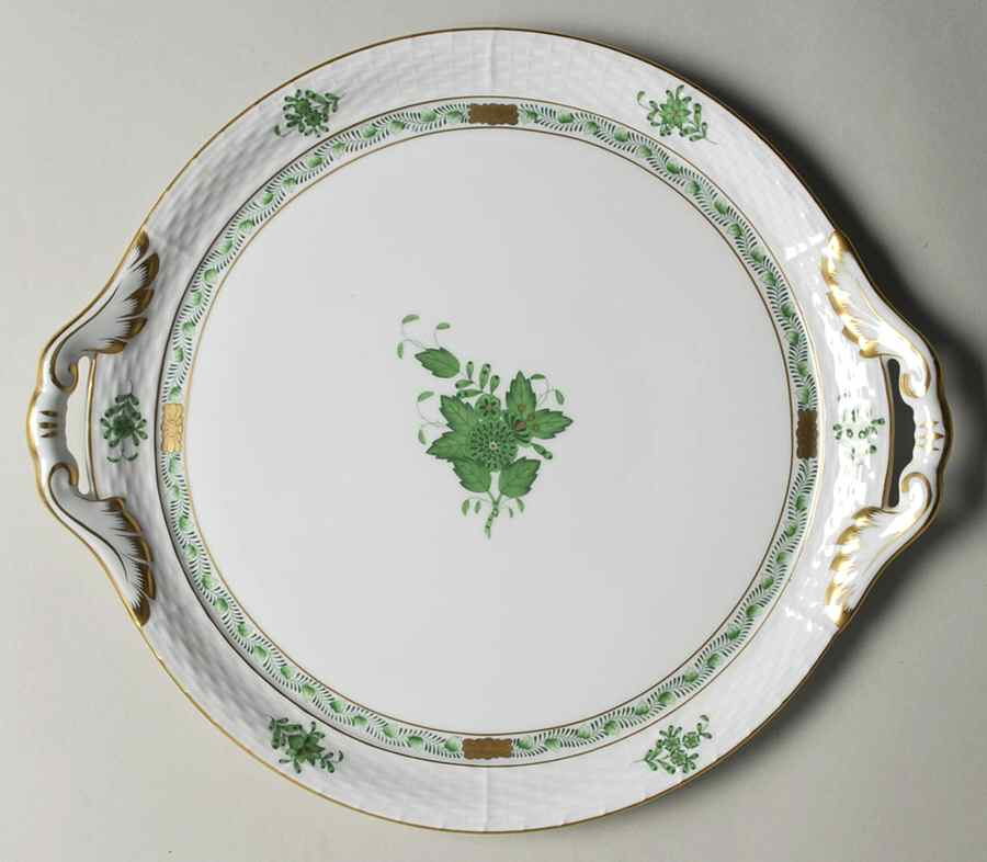 Chinese Bouquet Green (AV) 11" Round Tray w/Handles by Herend-1
