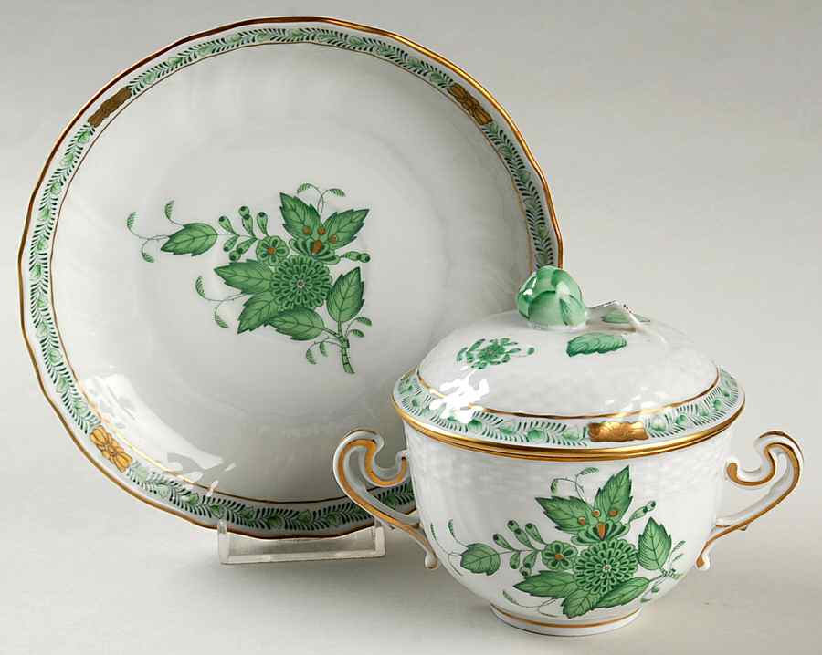 Chinese Bouquet Green (AV) Flat Cream Soup Bowl & Saucer Set with Lid by Herend-1