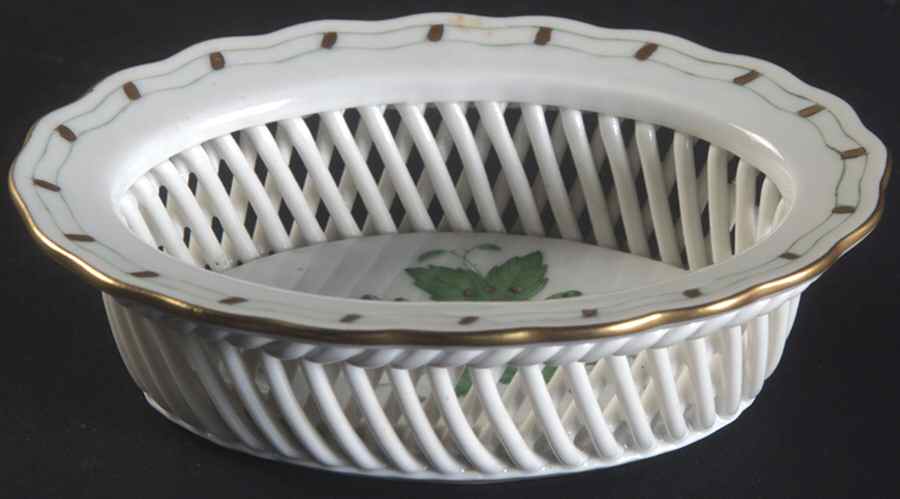 Chinese Bouquet Green (AV) 3" Oval Open Weave Basket by Herend-1