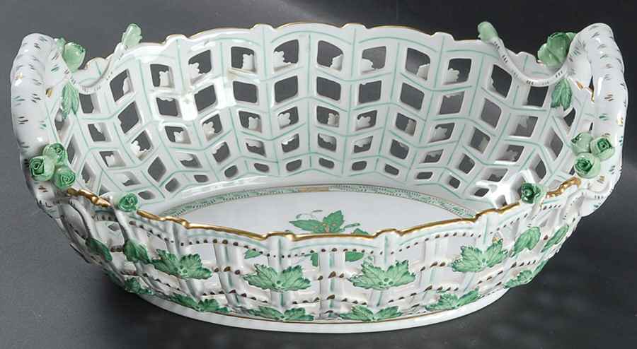 Chinese Bouquet Green (AV) 10" Oval Open Weave Basket by Herend-1