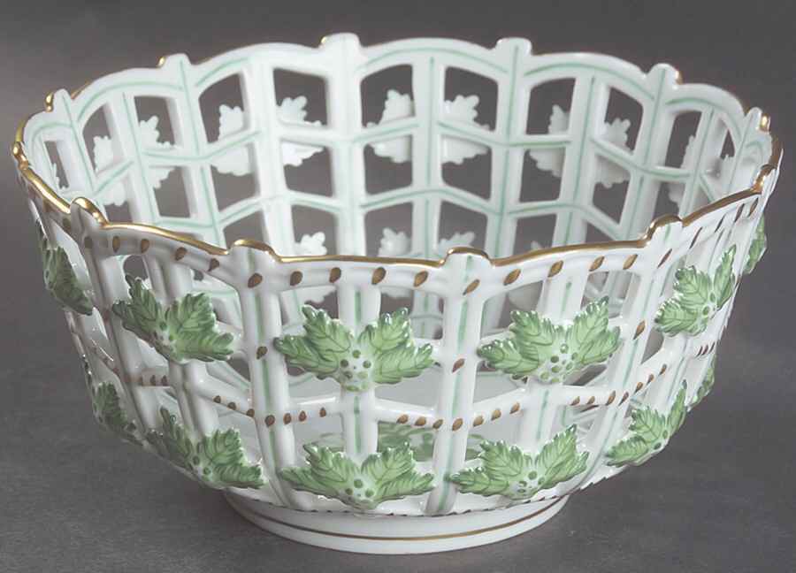 Chinese Bouquet Green (AV) 6" Round Open Weave Basket by Herend-1