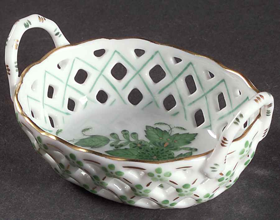 Chinese Bouquet Green (AV) Small-Handled Open Weave Basket by Herend-1