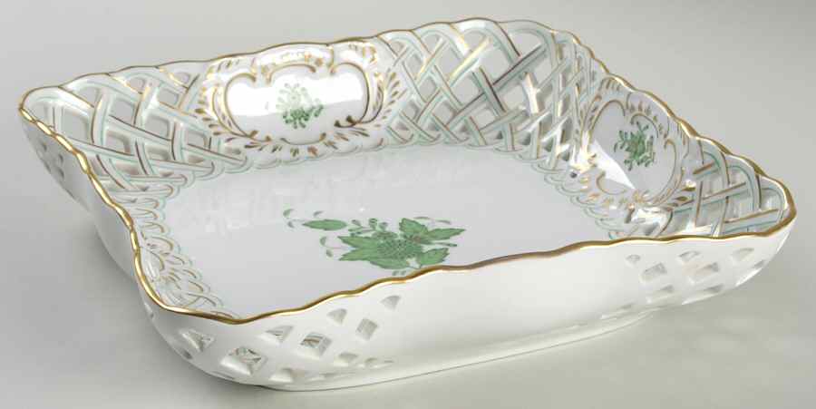 Chinese Bouquet Green (AV) 9" Square Open Weave Basket by Herend-1