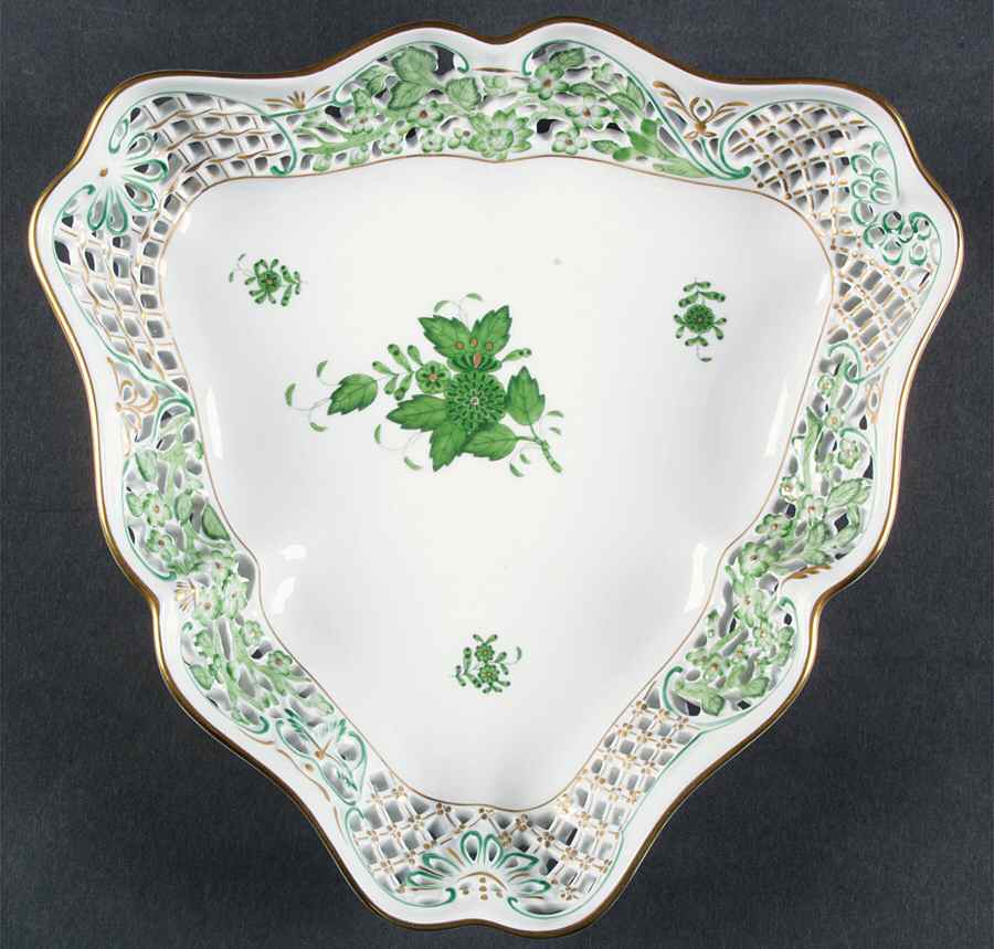 Chinese Bouquet Green (AV) Triangular Open Weave Basket by Herend-1