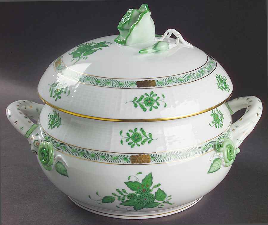 Chinese Bouquet Green (AV) Bean Pot & Lid by Herend-1