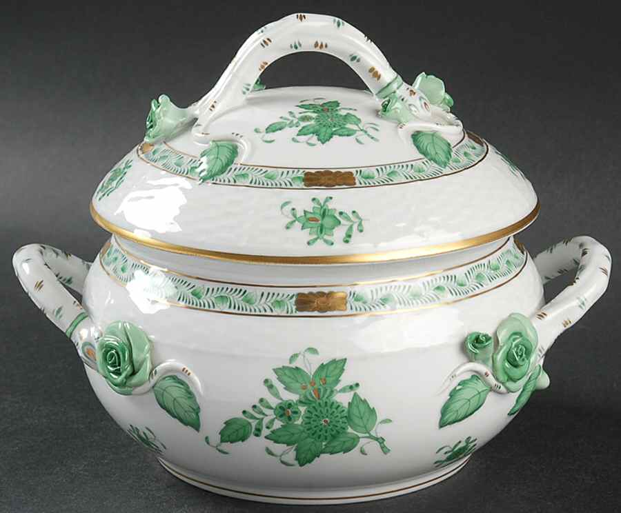 Chinese Bouquet Green (AV) Bean Pot & Lid by Herend-1