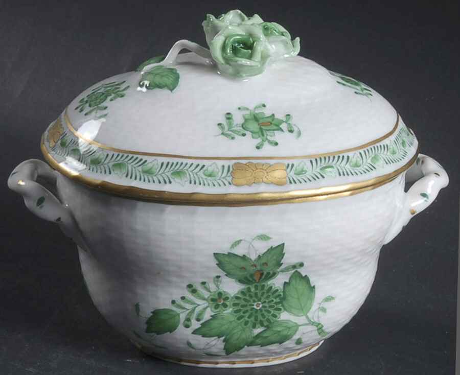 Chinese Bouquet Green (AV) 4" Oval Bon Bon & Lid by Herend-1