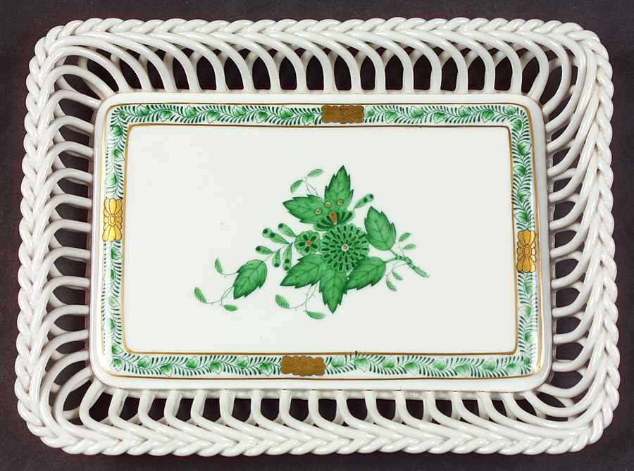 Chinese Bouquet Green (AV) 8" Rectangular Open Weave Basket by Herend-1