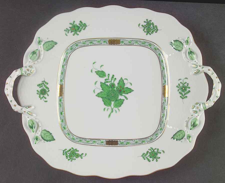 Chinese Bouquet Green (AV) Square Handled Cake Plate by Herend-1