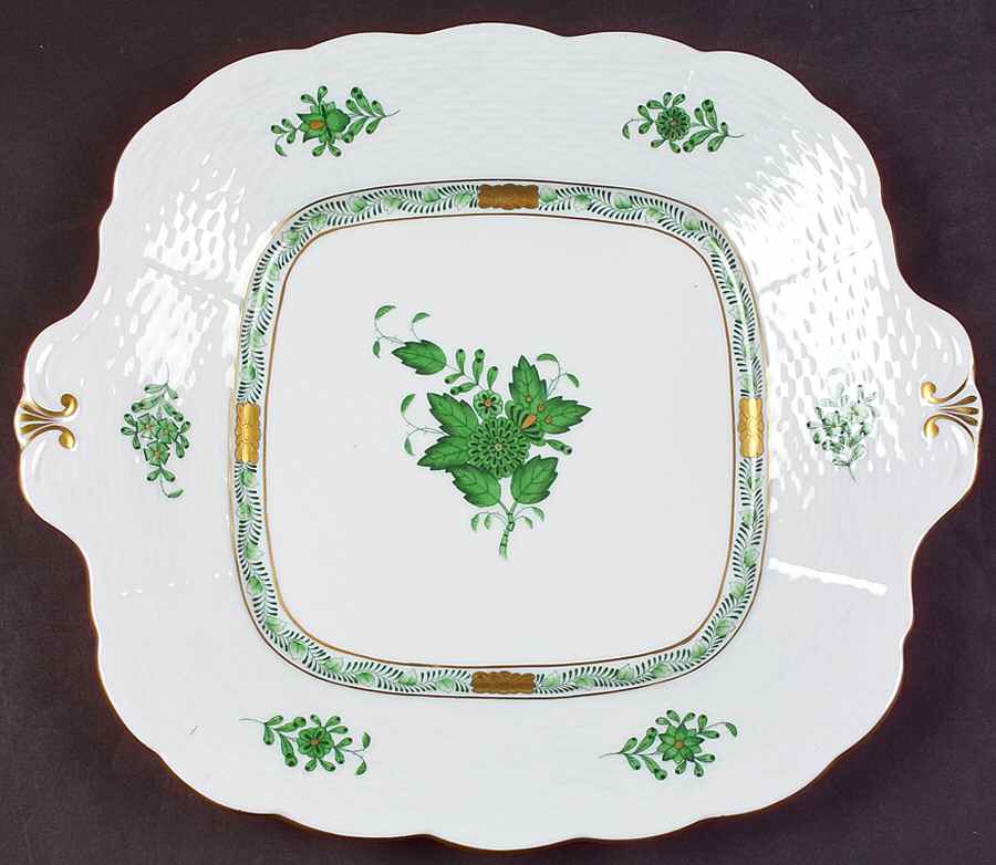 Chinese Bouquet Green (AV) Square Handled Cake Plate by Herend-1