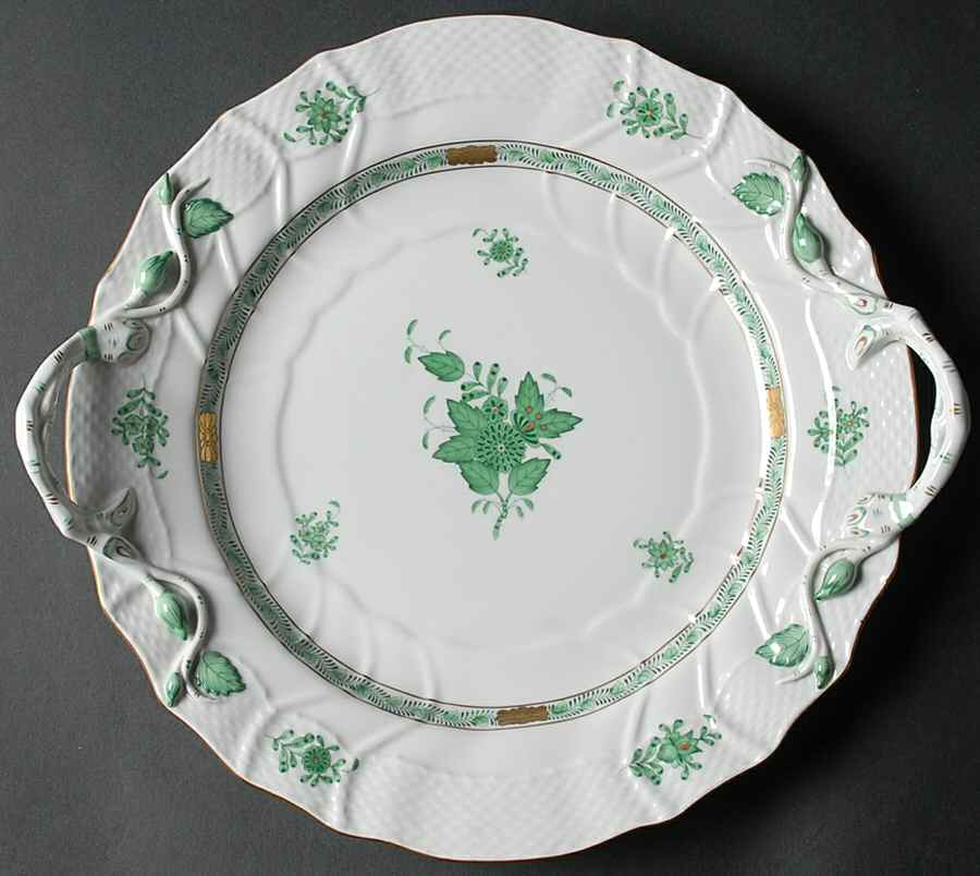 Chinese Bouquet Green (AV) 12" Handled Chop Plate (Round Platter) by Herend-1