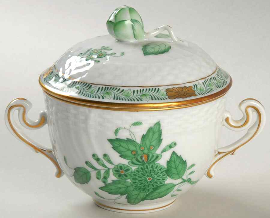 Chinese Bouquet Green (AV) Flat Cream Soup Bowl & Lid Set by Herend-1