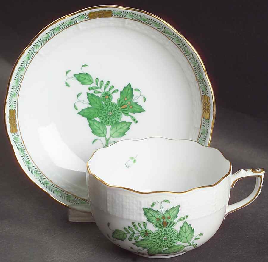 Chinese Bouquet Green (AV) Flat Cup & Saucer Set by Herend-1
