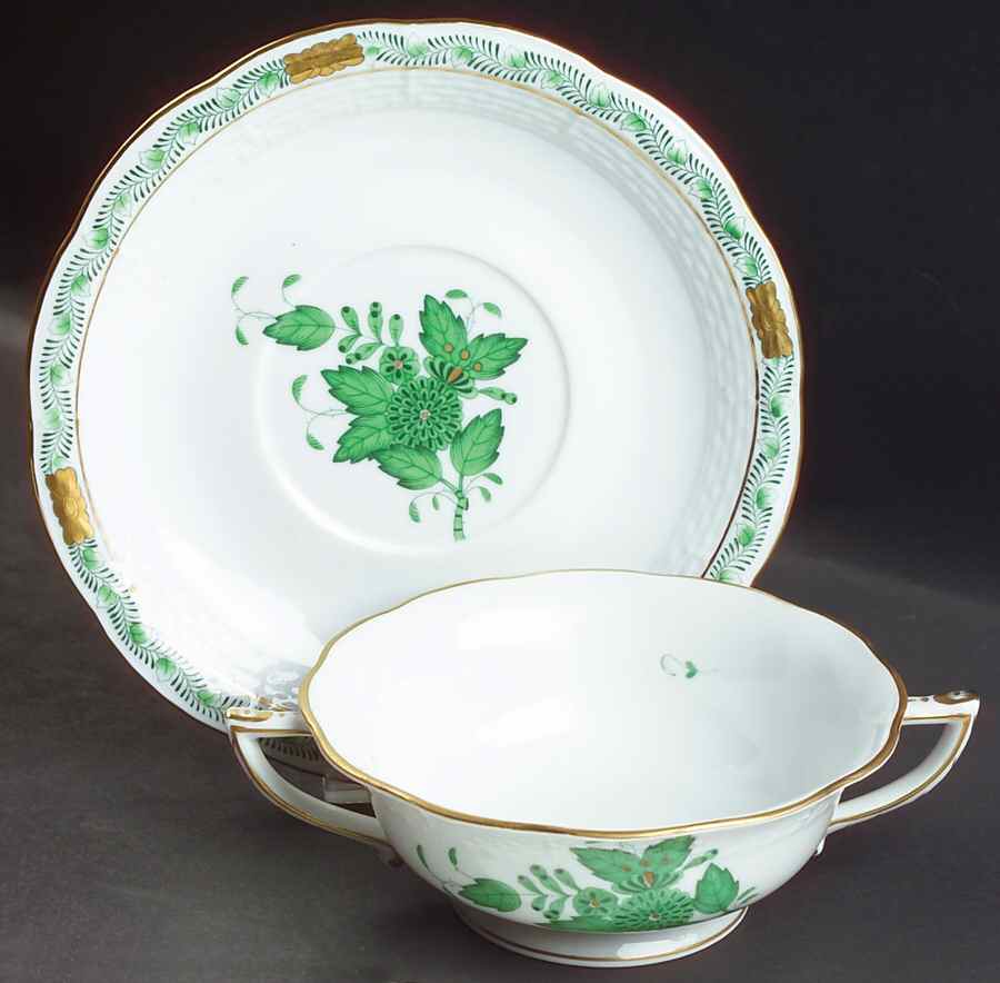 Chinese Bouquet Green (AV) Footed Cream Soup Bowl & Saucer Set by Herend-1