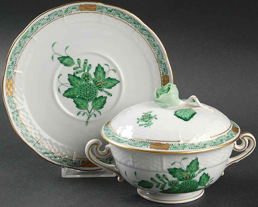 Chinese Bouquet Green (AV) Cream Soup Bowl & Saucer Set with Lid by Herend-1