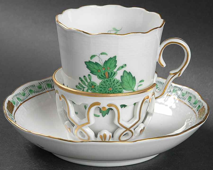 Chinese Bouquet Green (AV) Trembleuse Cup & Saucer Set by Herend-1