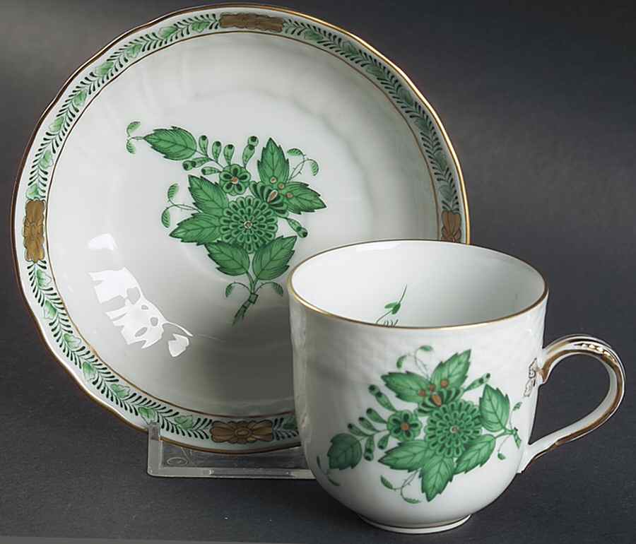 Chinese Bouquet Green (AV) Flat Demitasse Cup & Saucer Set by Herend-1