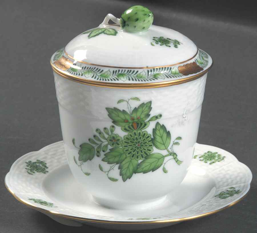 Chinese Bouquet Green (AV) Jam/Jelly & Lid w/Attached Underplate by Herend-1