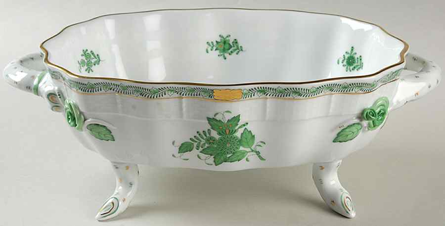 Chinese Bouquet Green (AV) 10" Oval 4-Toed Bowl by Herend-1