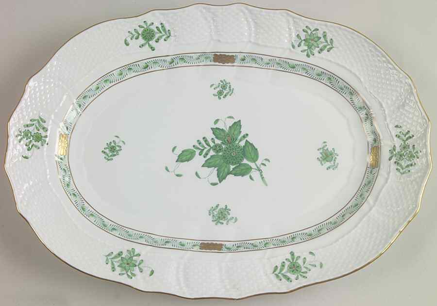 Chinese Bouquet Green (AV) 13" Oval Serving Platter by Herend-1