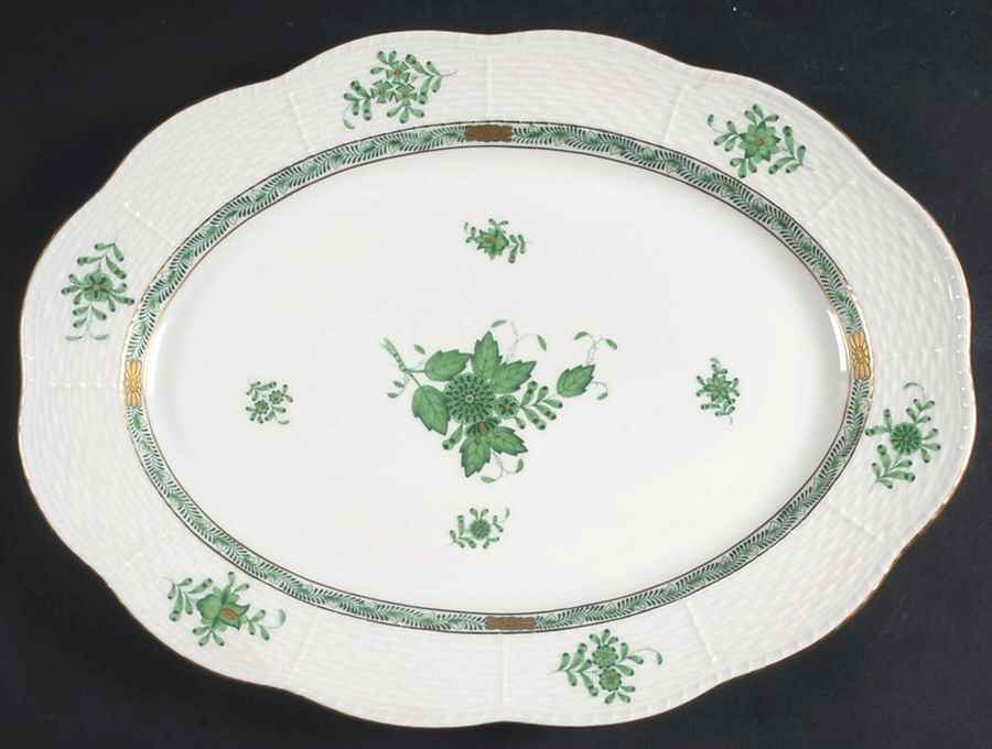 Chinese Bouquet Green (AV) 13" Oval Serving Platter by Herend-1