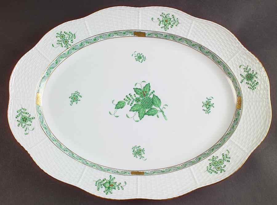Chinese Bouquet Green (AV) 14" Oval Serving Platter by Herend-1