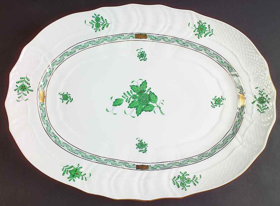Chinese Bouquet Green (AV) 15" Oval Serving Platter by Herend-1