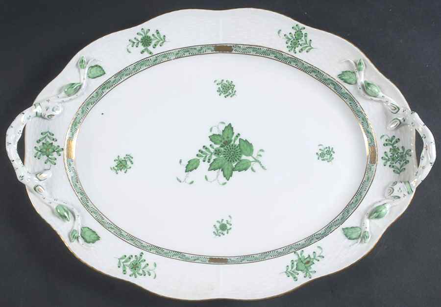 Chinese Bouquet Green (AV) 15" Oval Handled Platter by Herend-1