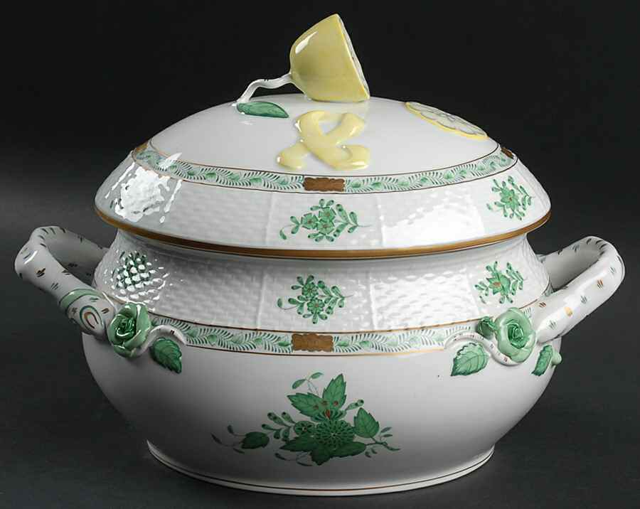 Chinese Bouquet Green (AV) Oval Covered Vegetable by Herend-1