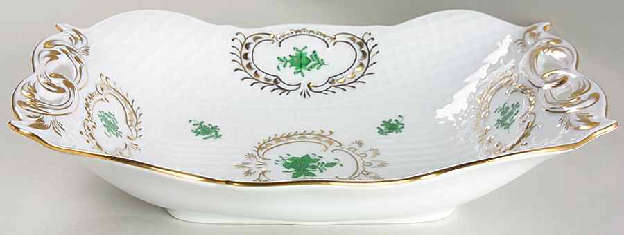 Chinese Bouquet Green (AV) 12" Handled Rectangular Bowl by Herend-1